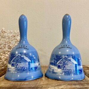 2 Christmas Bells Currier & Ives 1984 Vintage Blue and White The Old Homestead